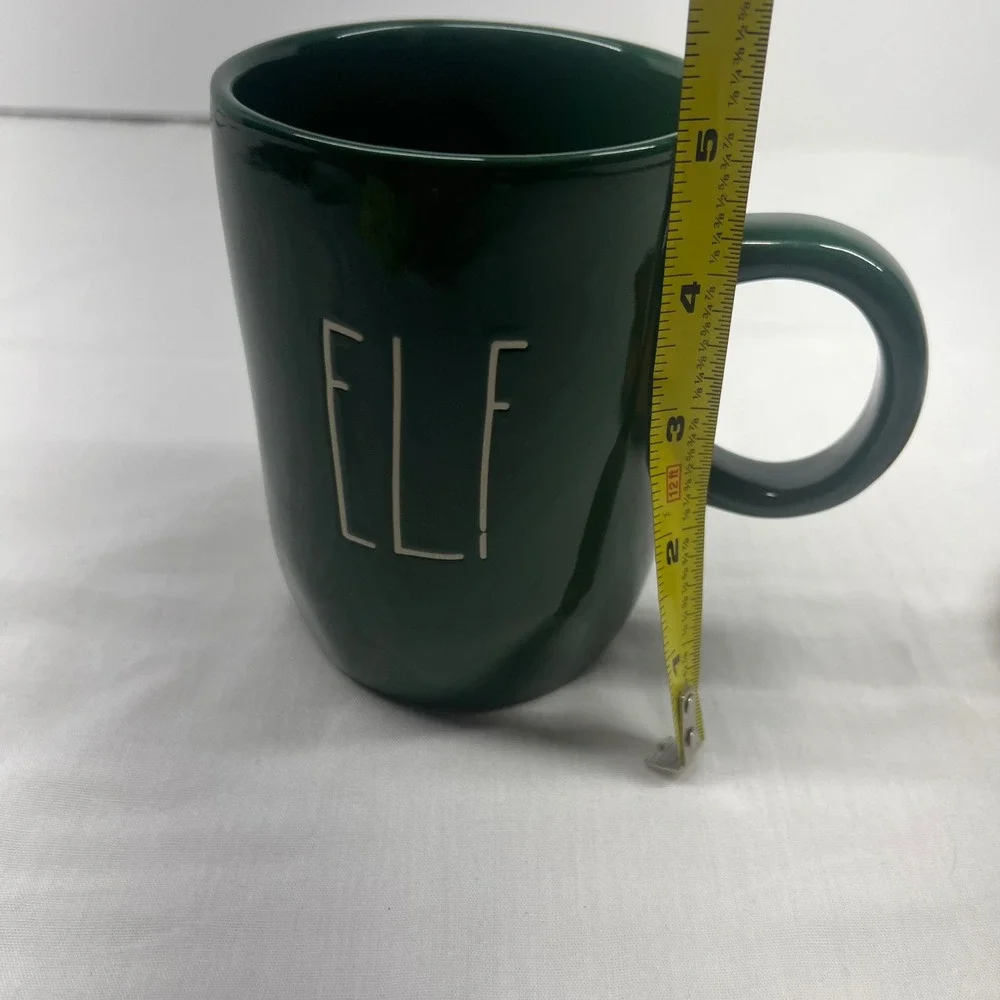 RAE DUNN Green Ceramic Christmas‎ ELF Mug & Wooden Topper Coaster Magenta NEW